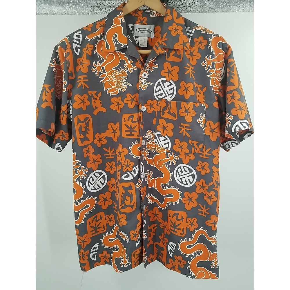 Surfwaves Mens Medium Hawaiian Shirt Short Sleeve Dragon Floral Button Up Gray